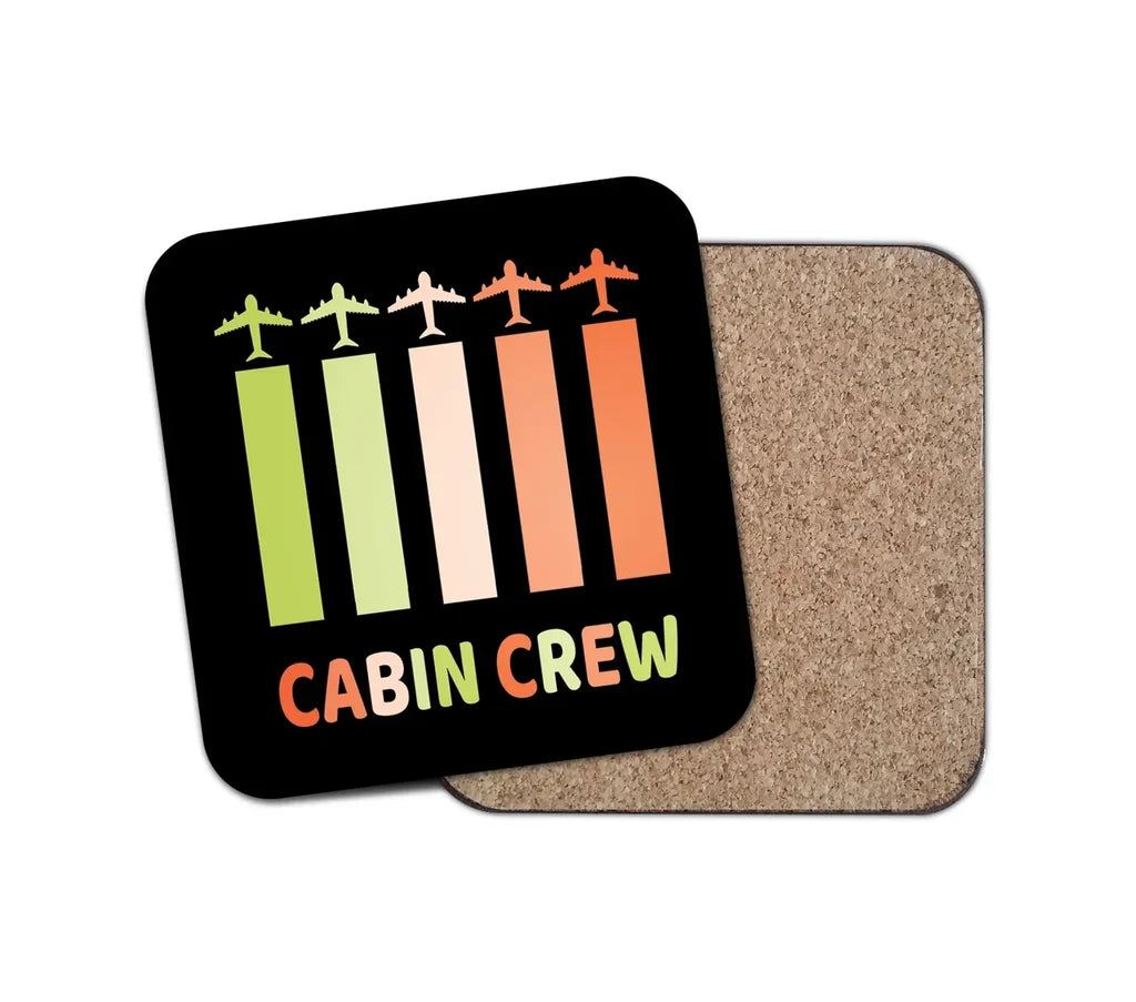 Colourful Cabin Crew aviation design on cork-backed wood with print coaster.