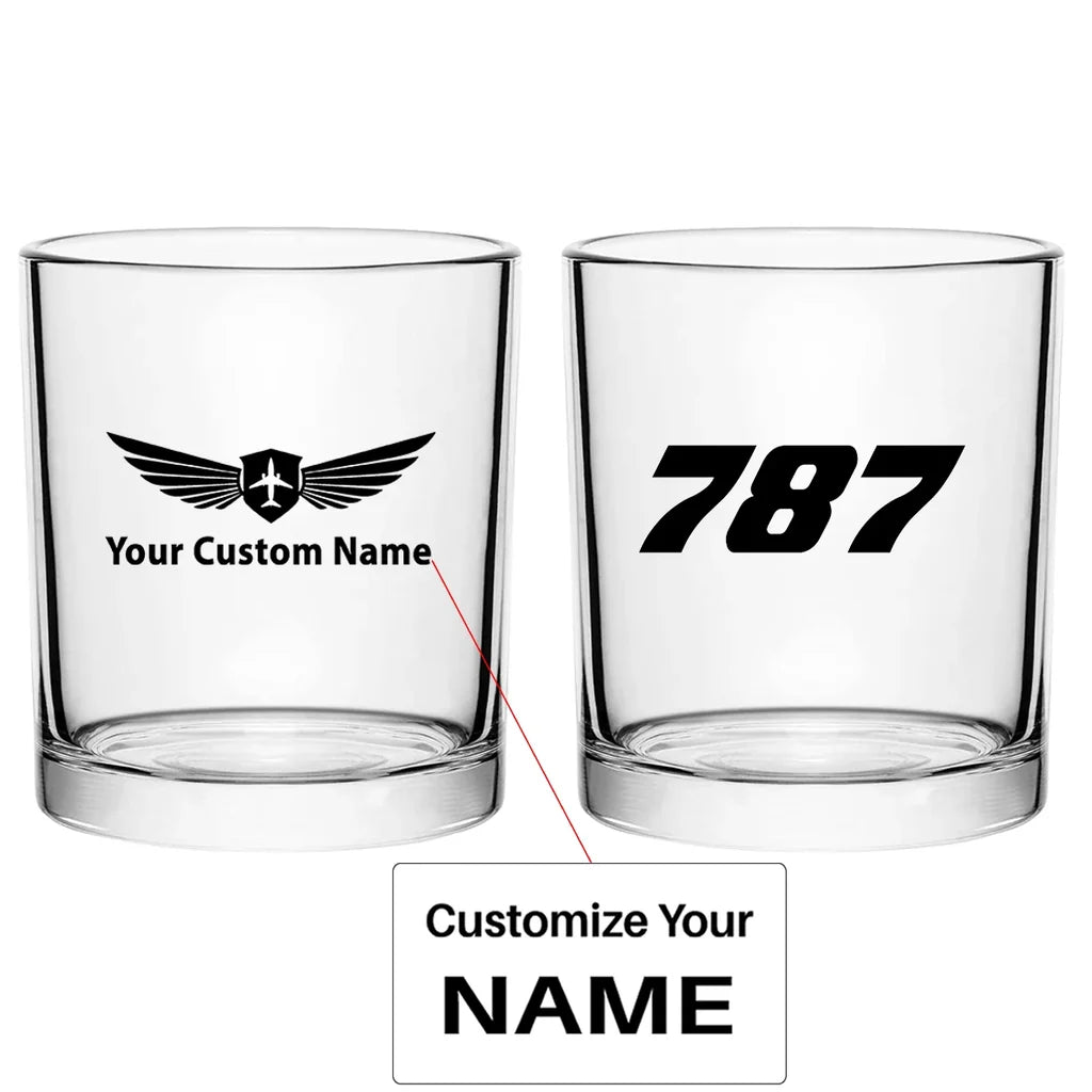 Boeing 787 Flat Text aviation design on whiskey glass, special-edition crystal cut.