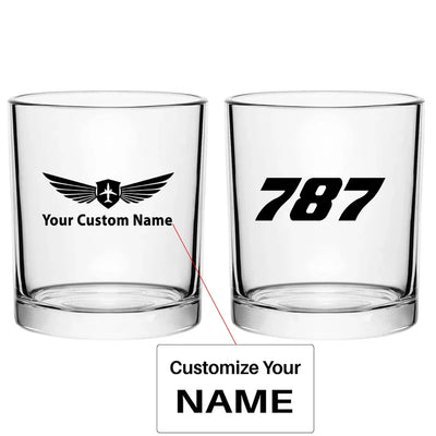 Boeing 787 Flat Text aviation design on whiskey glass, special-edition crystal cut.