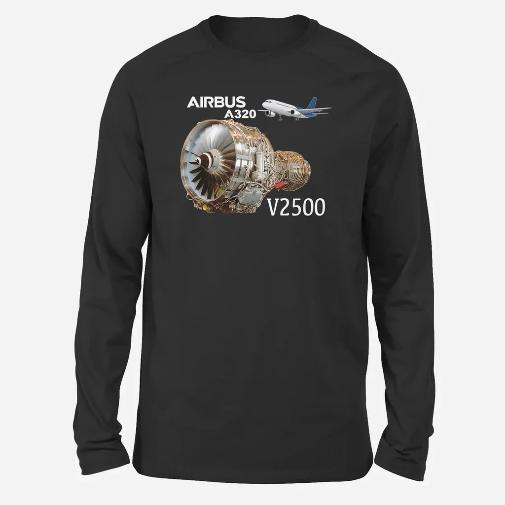 Airbus A320 & V2500 Engine Long-Sleeve aviation design printed on soft cotton long-sleeve T-shirt.
