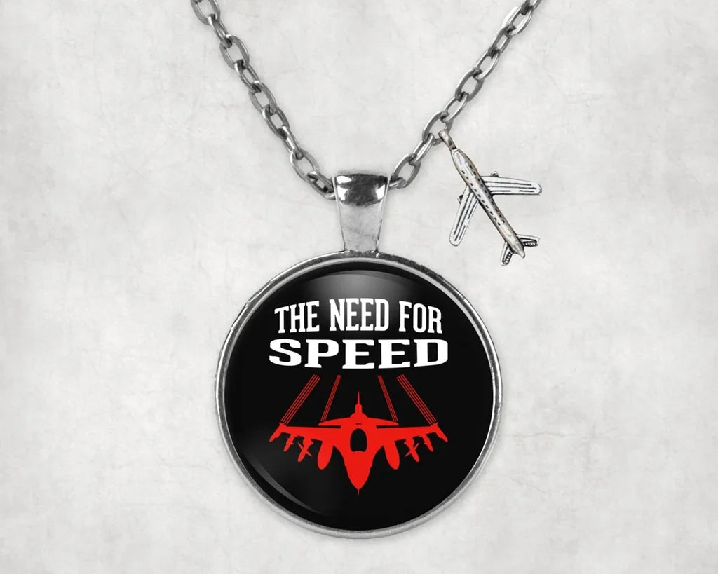 Side view of The Need For Speed aviation necklace in stainless steel, polished finish.