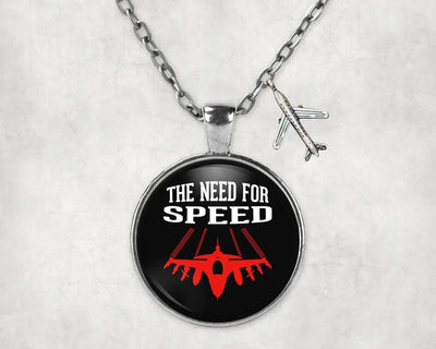 Side view of The Need For Speed aviation necklace in stainless steel, polished finish.