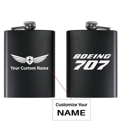 Boeing 707 & Text aviation design on stainless hip flask, compact pocket-size flask.