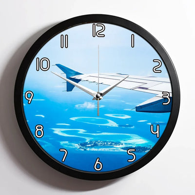 Outstanding View Through Airplane Wing aviation design on premium wood and metal wall clock.
