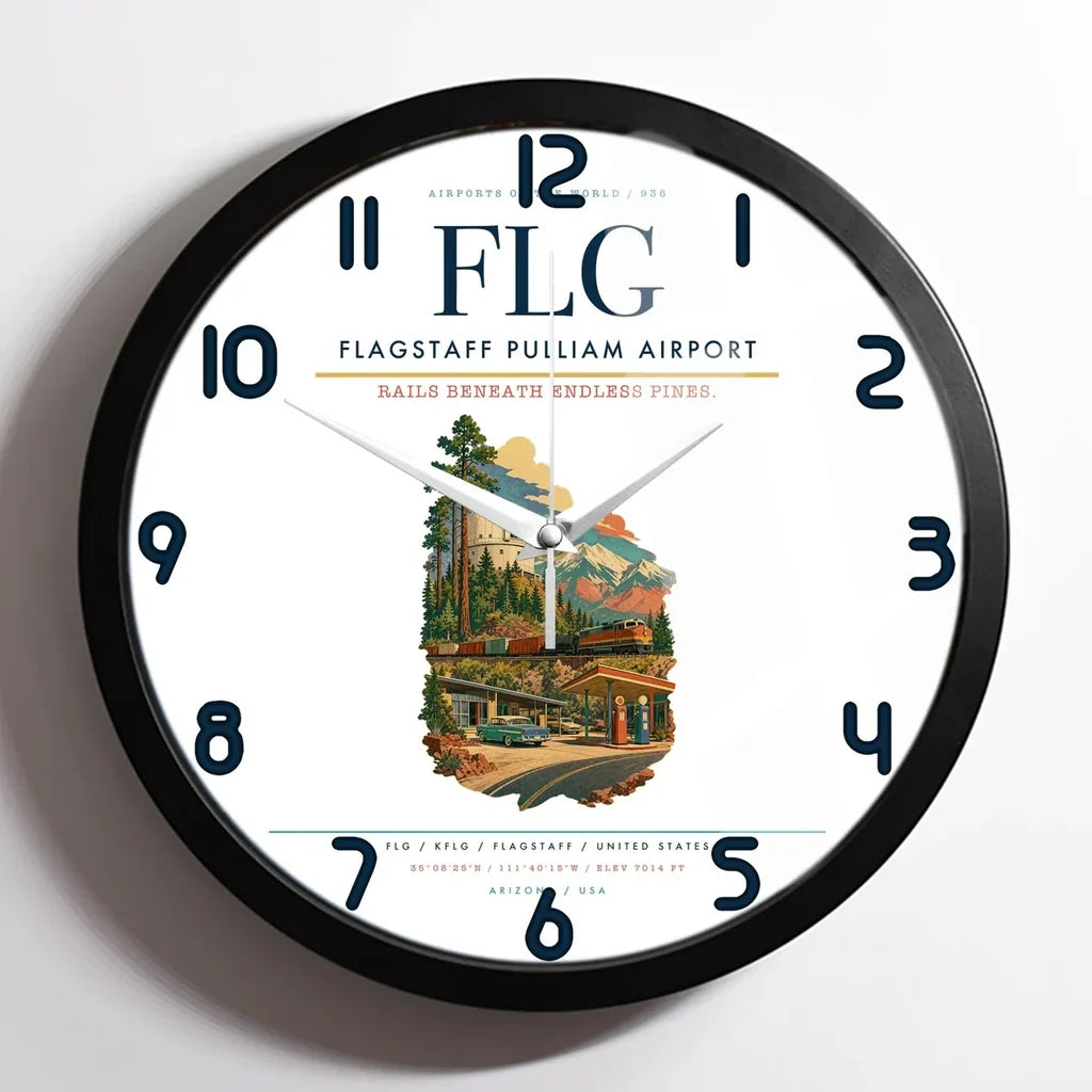 Flagstaff Pulliam Airport (FLG) design on white framed wall clock