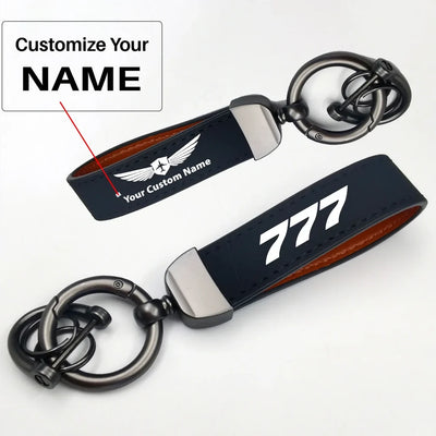 Side view of Boeing 777 Flat Text aviation horseshoe-buckle key chain in polished metal alloy, polished finish.