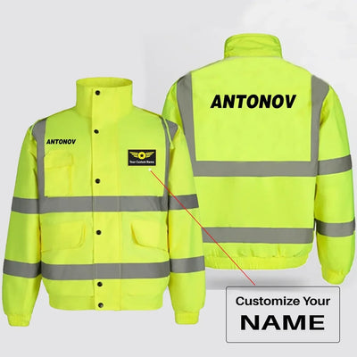 Antonov & Text aviation design printed on insulated shell with high-visibility reflective panels reflective winter jacket.