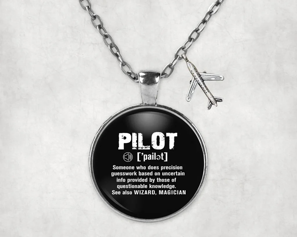 Pilot [Noun] aviation-themed necklace, polished stainless steel.
