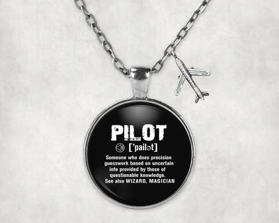 Pilot [Noun] aviation-themed necklace, polished stainless steel.