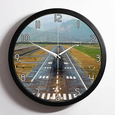 Amazing Mountain View & Runway aviation design on premium wood and metal wall clock.