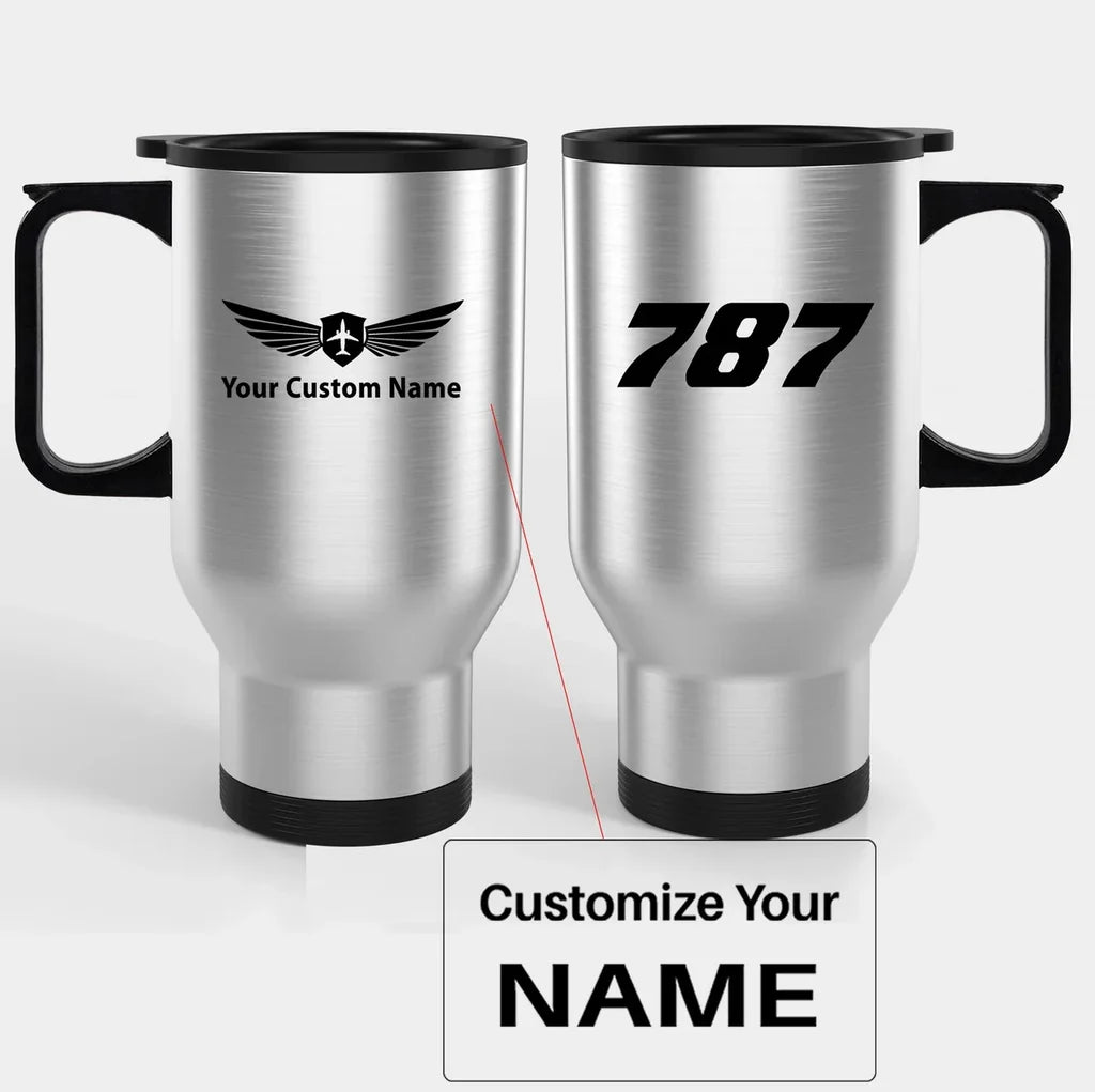 Boeing 787 Flat Text Travel Mugs (With Holder) aviation design on travel mug with holder, insulated double-wall with car-cup.