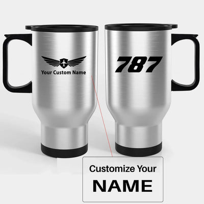 Boeing 787 Flat Text Travel Mugs (With Holder) aviation design on travel mug with holder, insulated double-wall with car-cup.