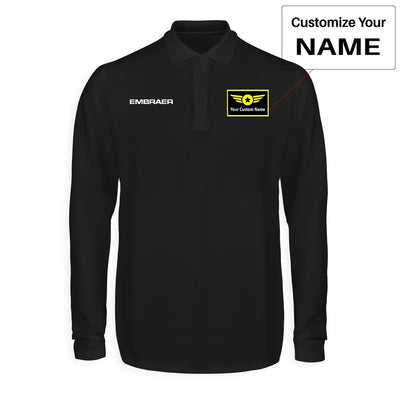 Embraer & Text aviation design printed on soft cotton long-sleeve polo shirt.