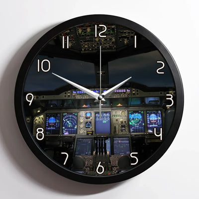Airbus A380 Cockpit aviation design on premium wood and metal wall clock.