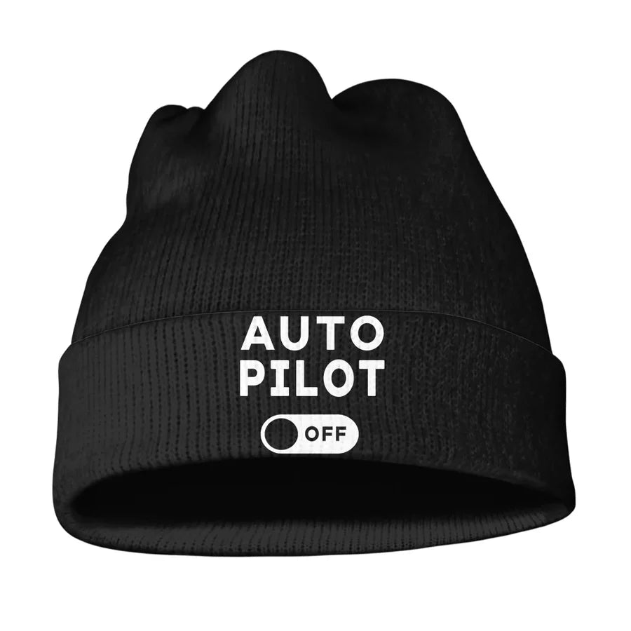 Auto Pilot Off aviation embroidery on soft knit fabric 3D knit beanie.