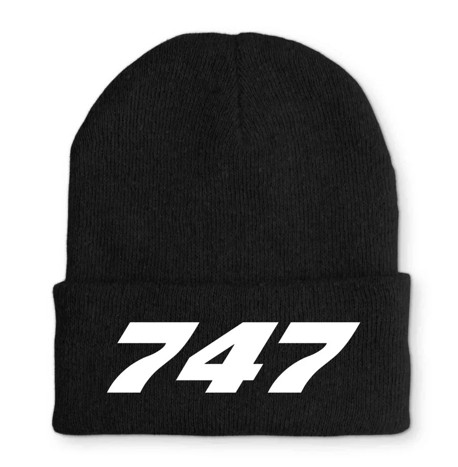 Boeing 747 Flat Text Embroidered aviation embroidery on soft knit fabric beanie.