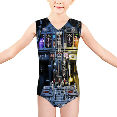 Boeing 737 Cockpit aviation print on kids quick-dry fabric swimsuit.