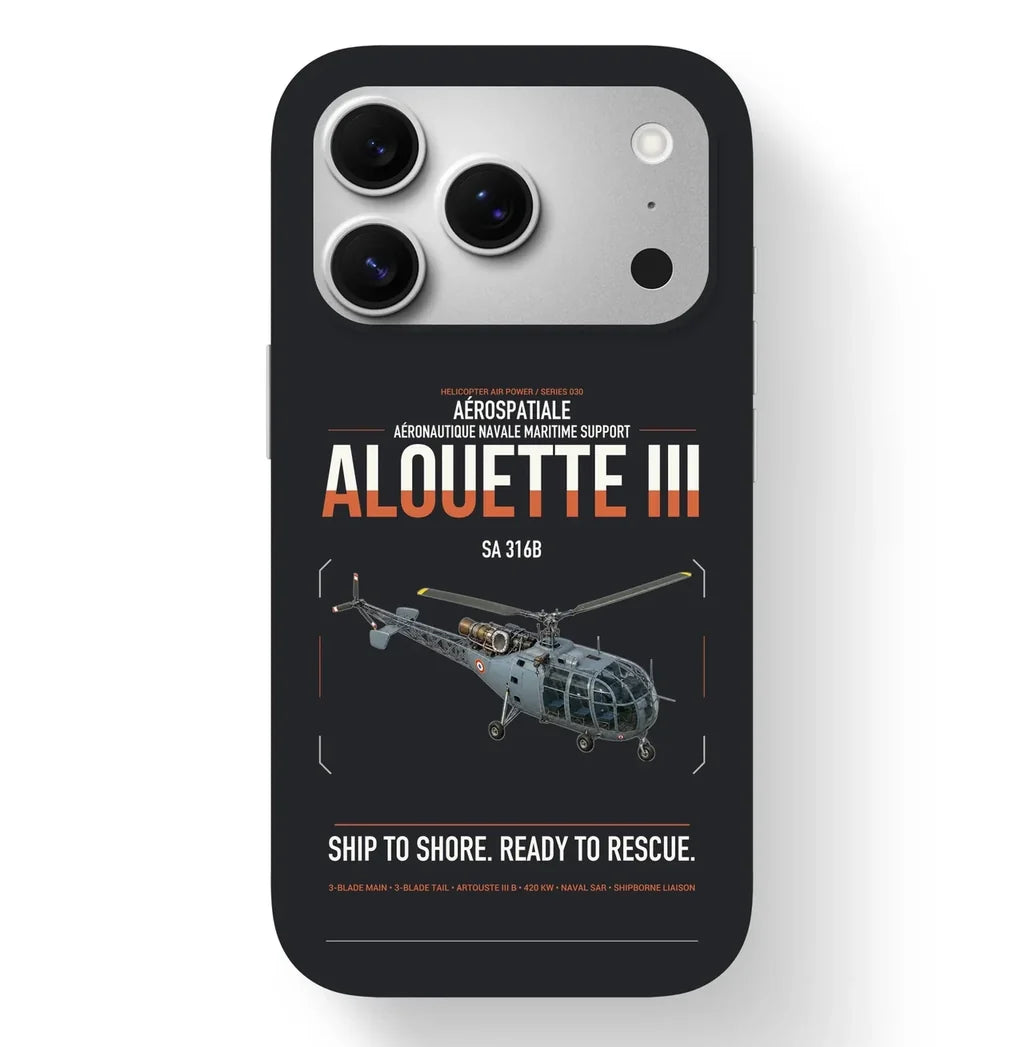 Aérospatiale SA 316B Alouette III design on black magsafe iphone case, for iPhone 17 Pro