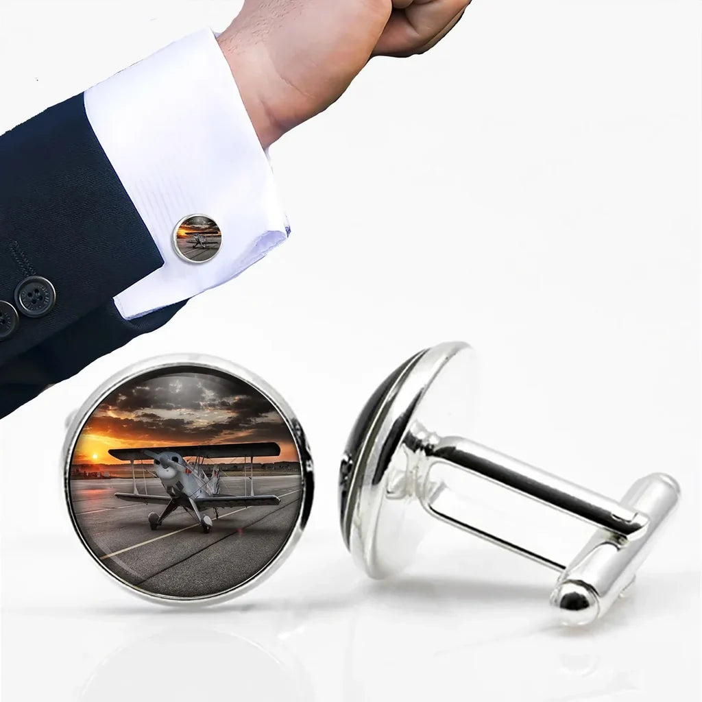 Beautiful Show Airplane aviation cuff links, polished metal body with engraved detail.