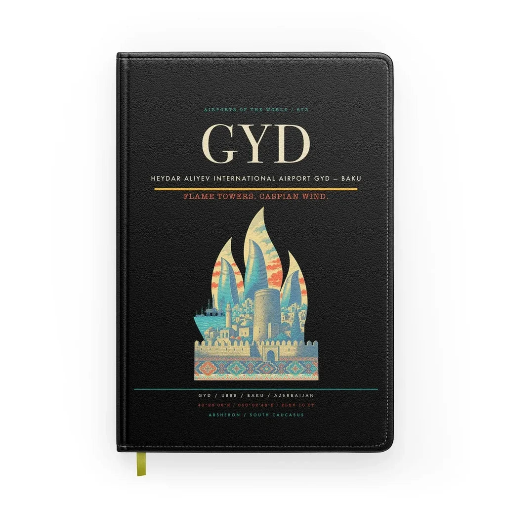 Heydar Aliyev International Airport (GYD) design on black notebook