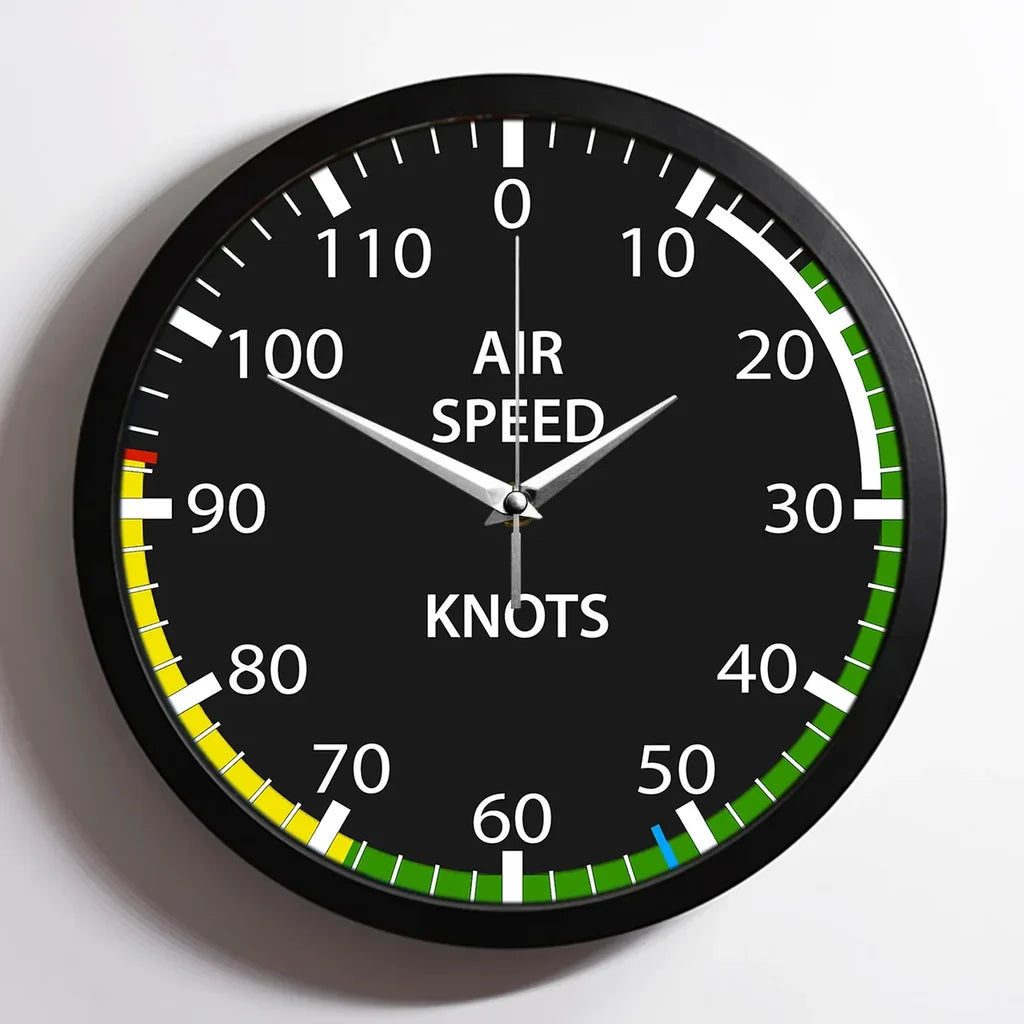 Airspeed aviation design on premium wood and metal wall clock.