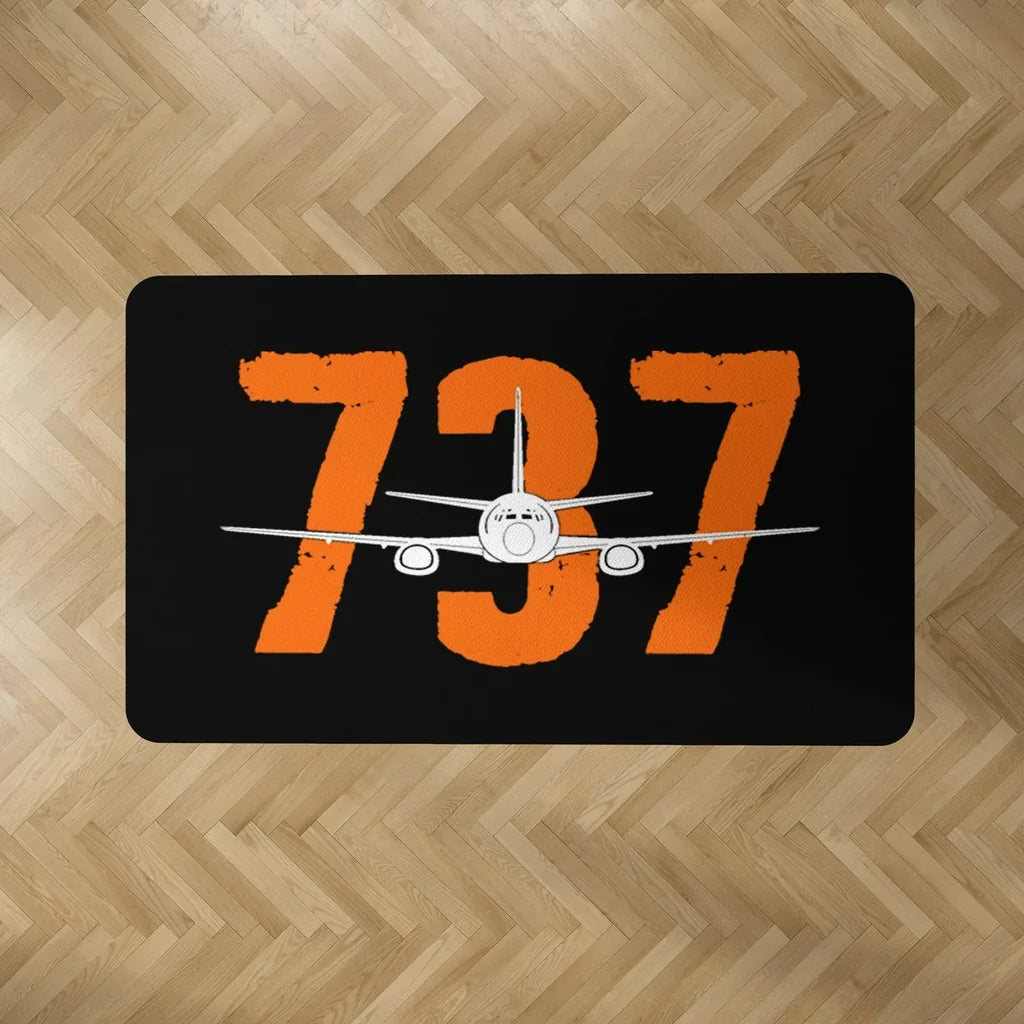 Boeing 737 aviation design on durable carpet pile with non-slip backing rectangle carpet floor mat.