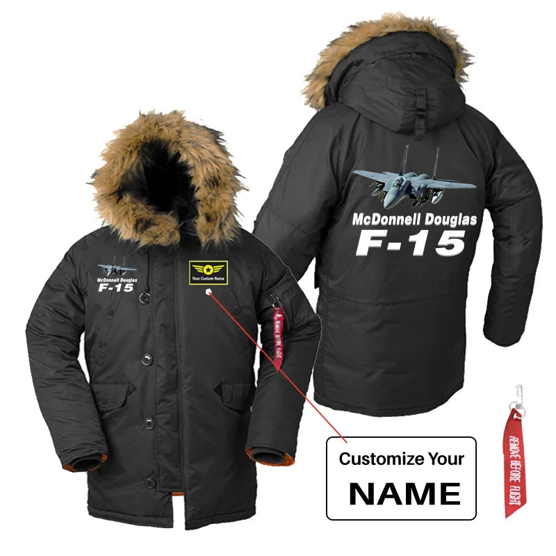 The McDonnell Douglas F15 aviation design printed on heavyweight shell with hooded warmth parka bomber.