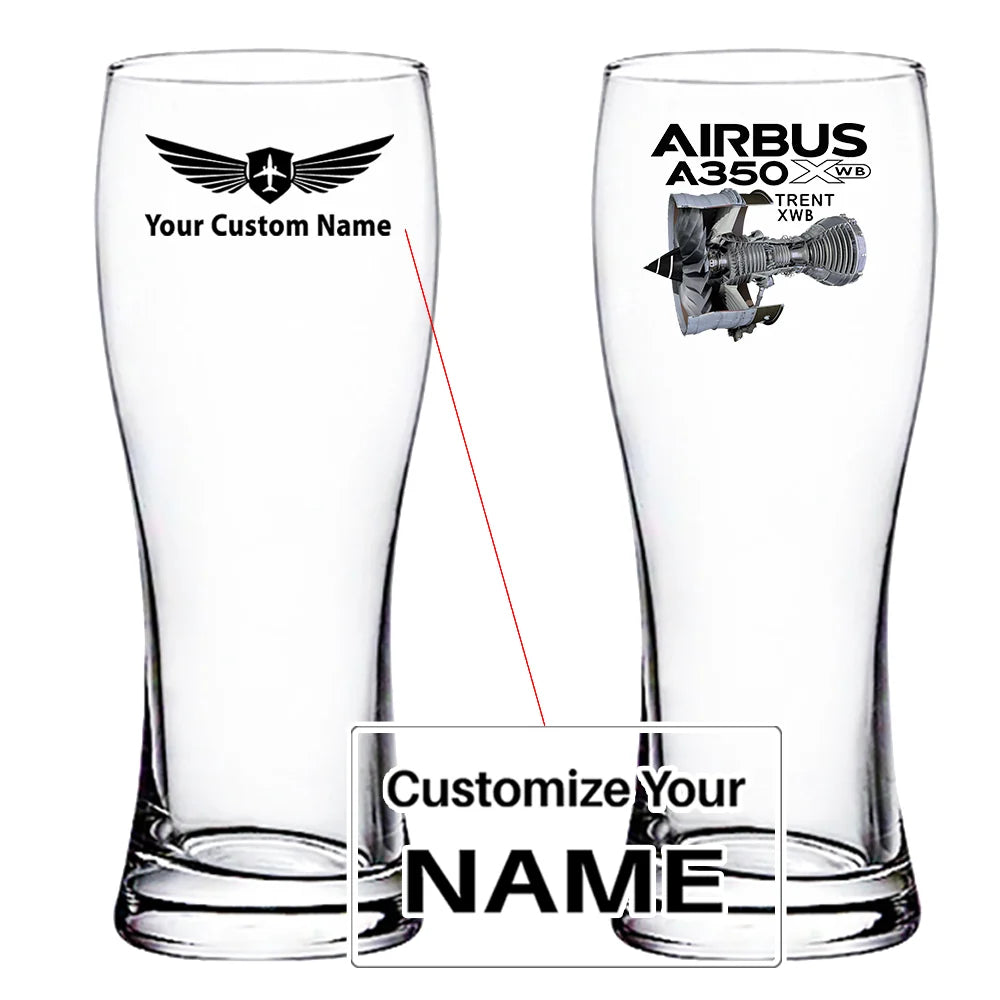 Airbus A350 & Trent Wxb Engine aviation design on pilsner glass, tall pilsner glassware.