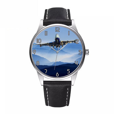 Landing Boeing 747 From Front aviation watch with leather strap, leather strap body with engraved detail.