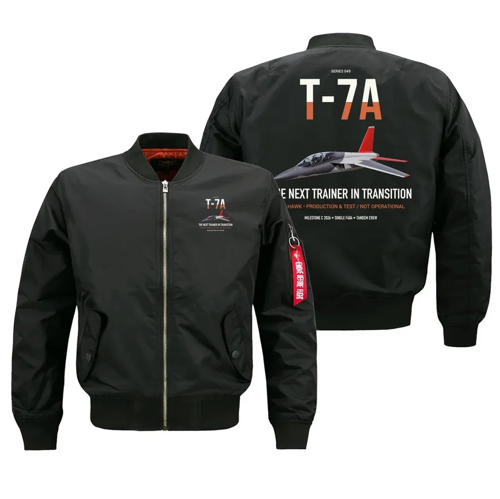 T-7A Red Hawk design on black bomber jacket, double-side print
