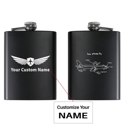 How Planes Fly aviation design on stainless hip flask, compact pocket-size flask.