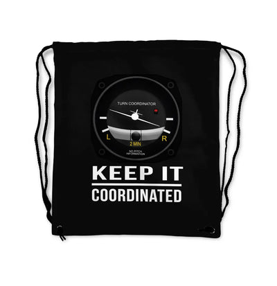 Keep It Coordinated aviation print drawstring bag, lightweight polyester.