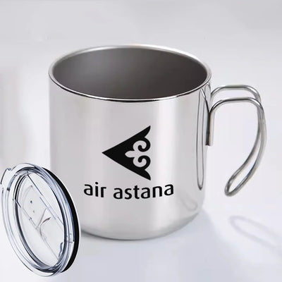 Air Astana aviation design on portable mug, vacuum-insulated double-wall.