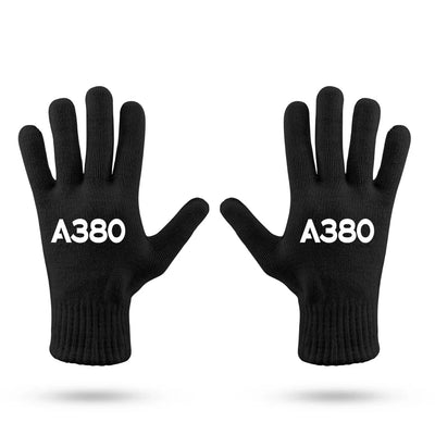 Airbus A380 Flat Text aviation design on soft knit fabric gloves.