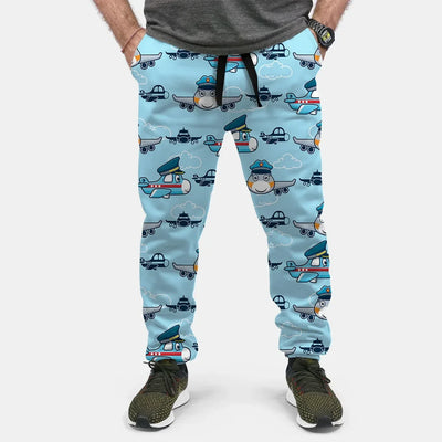 Cartoon & Funny Airplanes aviation design on soft cotton blend 3D-printed sweatpants.