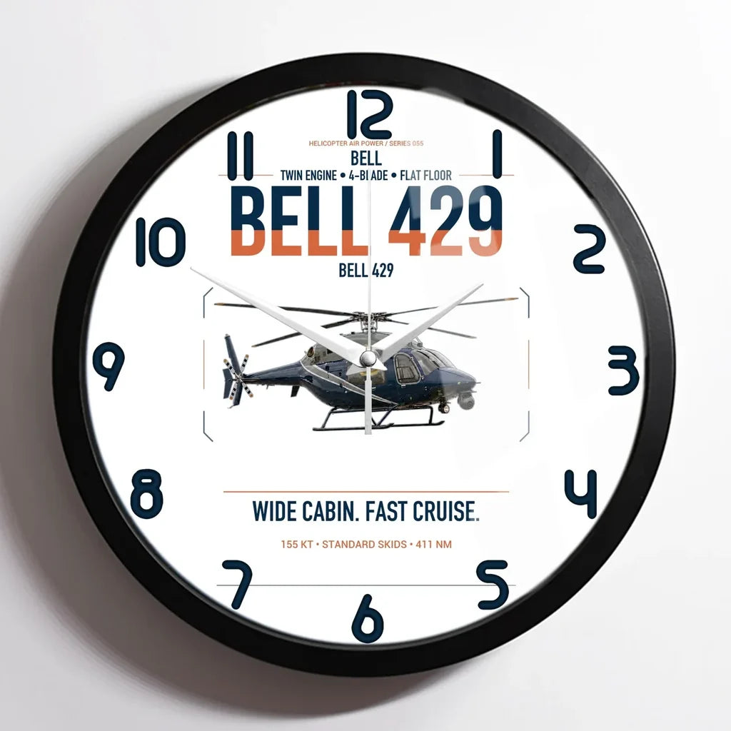 Bell 429 design on white framed wall clock