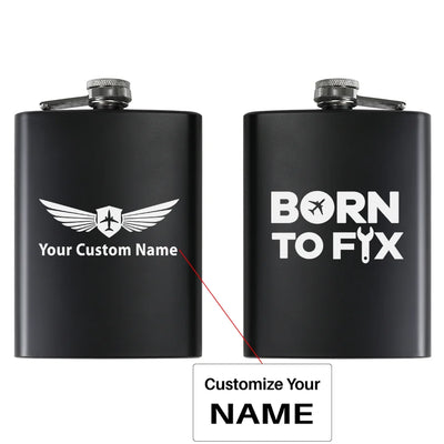 Born To Fix Airplanes aviation design on stainless hip flask, compact pocket-size flask.