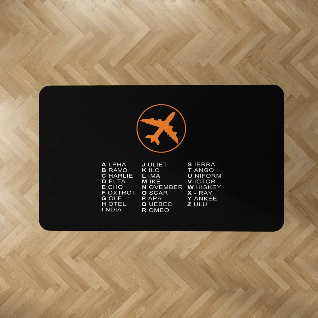 Aviation Alphabet 2 aviation design on durable carpet pile with non-slip backing rectangle carpet floor mat.