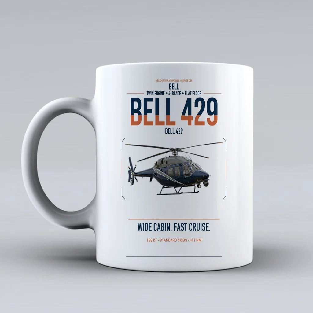 Bell 429 design on white ceramic mug, double-side print