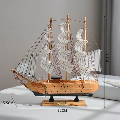 Side view of Wood color Nautical Wooden Sailboat Model Ornament aviation model ship in diecast metal or wood with detailed pa.