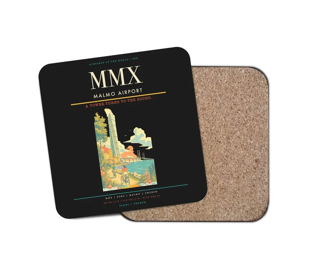 Malmo Airport (MMX) design on black 1 piece coaster