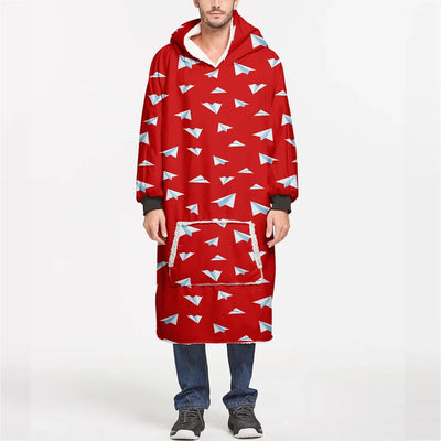 Paper Airplanes (Red) aviation design on soft fleece blanket hoodie.