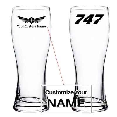 Boeing 747 Flat Text aviation design on pilsner glass, tall pilsner glassware.