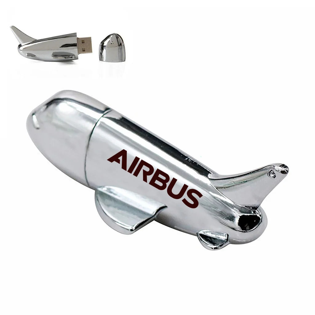 Airbus & Text aviation design on durable metal casing airplane-shape USB drive.