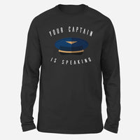 Thumbnail for Your Captain Is Speaking Long-Sleeve aviation design printed on soft cotton long-sleeve T-shirt.