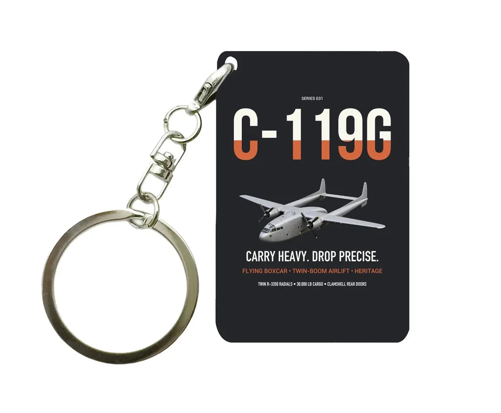 C-119G Flying Boxcar design on black designed key chain, double-side print