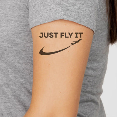 Just Fly It 2 aviation temporary tattoo in skin-safe adhesive paper.