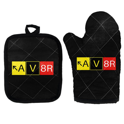 AV8R Kitchen Glove & Holder aviation design on durable fabric with insulated lining kitchen glove holder.