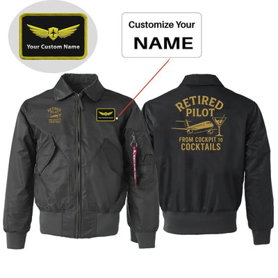 Retired Pilot & Coctails Embroidered aviation design printed on padded shell with hook-and-loop patch panels patch bomber jac.