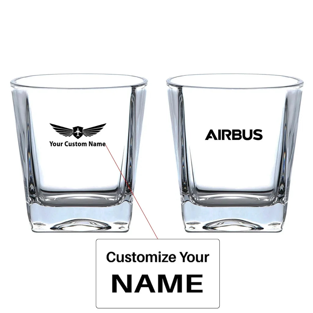 Airbus & Text aviation design on whiskey glass, crystal-clear premium glassware.